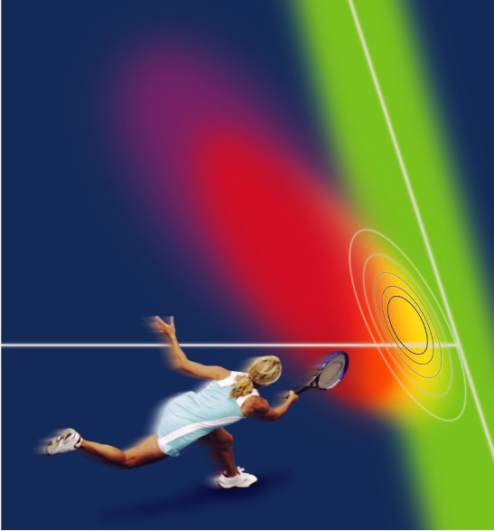 Estimating the bounce location of a tennis ball relies on the likelihood (red) and prior distribution (green).